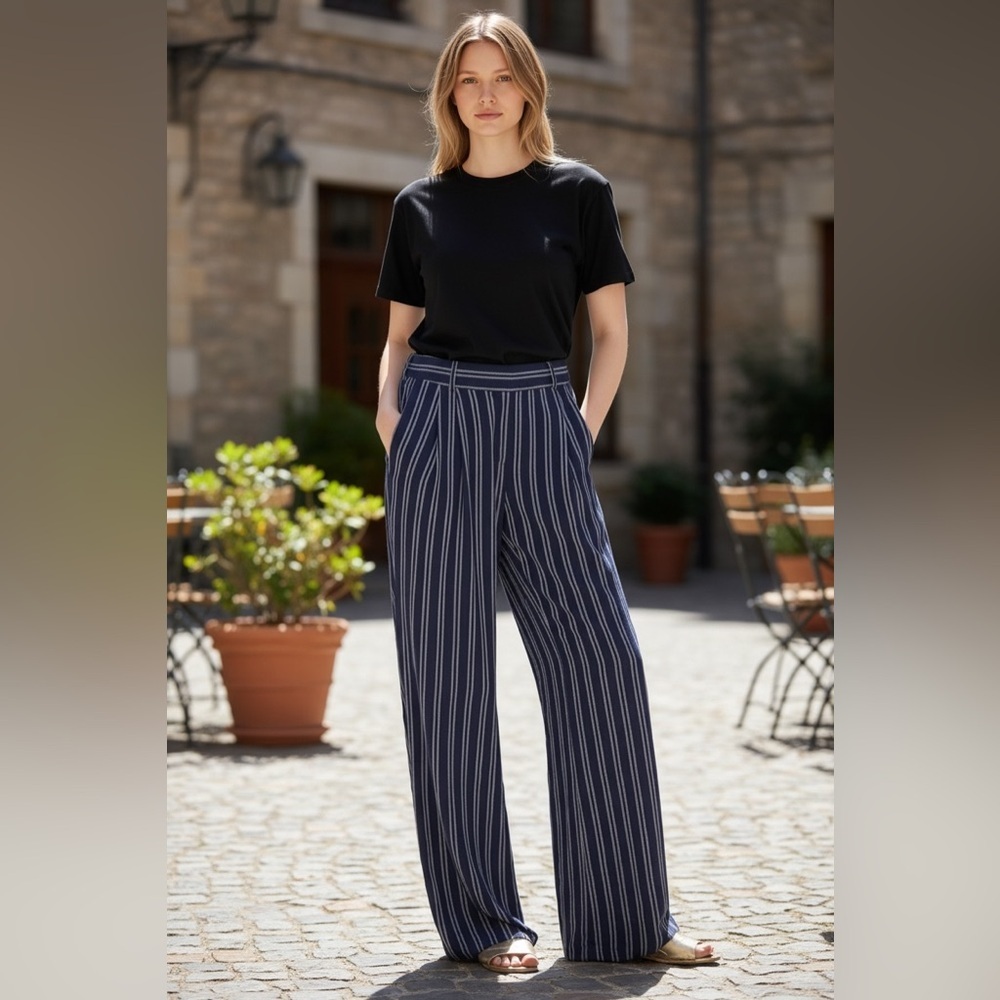 Michael Kors Navy and White Striped Wide Leg Women's Pants Small - Picture 2 of 4